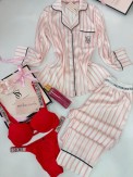 Açık Pembe Çizgili Pijama Takımı& Kırmızı Taşlı Sütyen Takımı&Sprey Romantıc