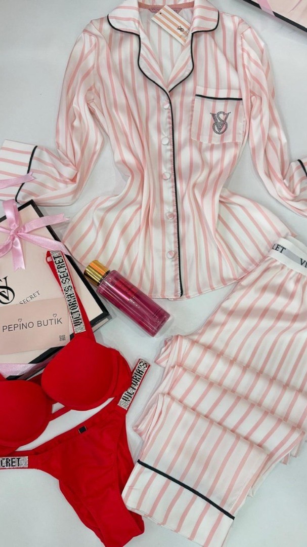 Açık Pembe Çizgili Pijama Takımı& Kırmızı Taşlı Sütyen Takımı&Sprey Romantıc