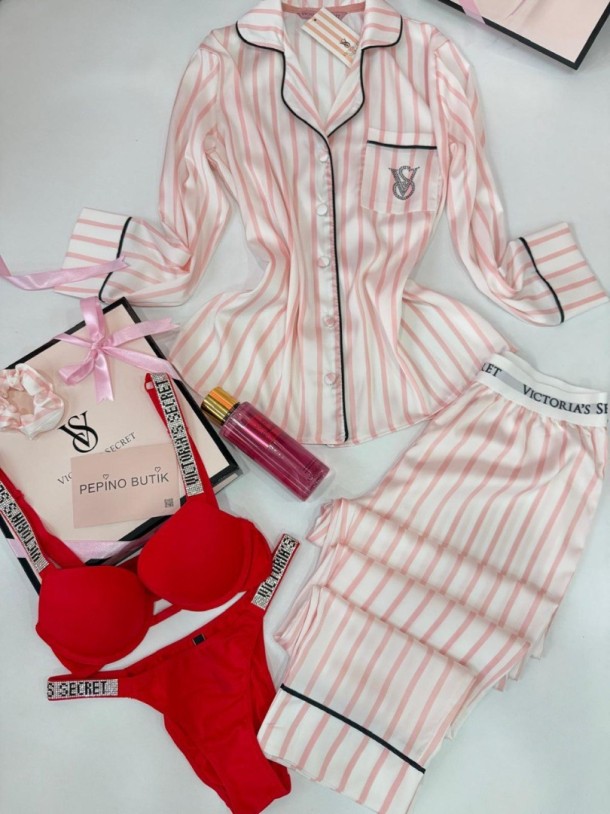 Açık Pembe Çizgili Pijama Takımı& Kırmızı Taşlı Sütyen Takımı&Sprey Romantıc