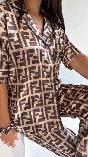 Fendi İpek Saten Kısa Kol Pijama Takımı