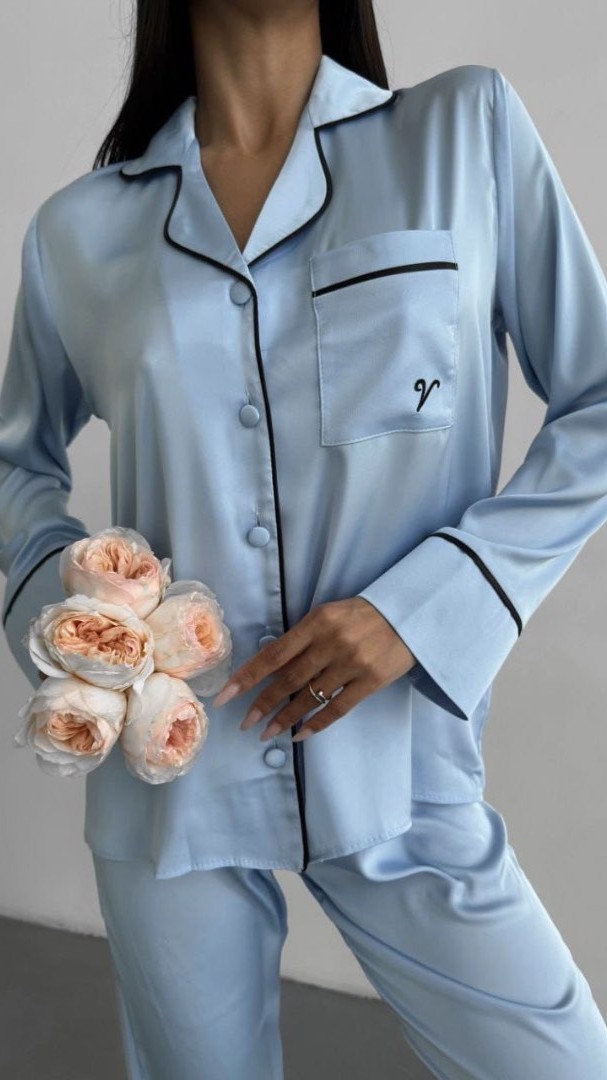 Armani Özel Seri Buz Mavisi Saten Pijama Takımı