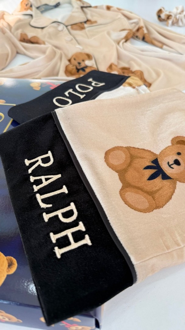 Ayıcık Desen Krem Kadife Pijama Takımı