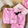 Gömlek Yaka Pembe Çizgili İpek Saten Pijama Takımı
