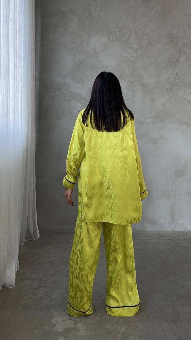 Armani Jakarlı Yağ Yeşili Saten Tunik & Pantolon & Sütyen Set