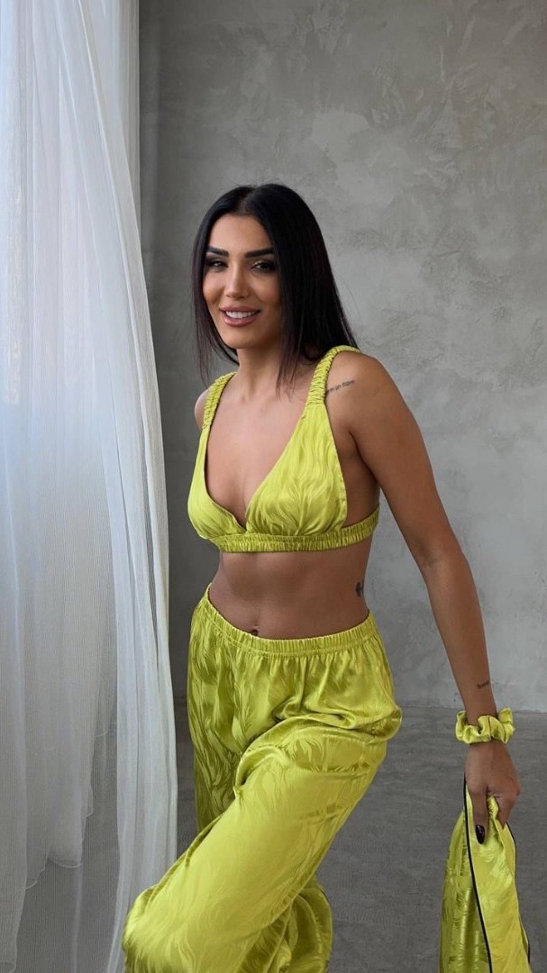 Armani Jakarlı Yağ Yeşili Saten Tunik & Pantolon & Sütyen Set