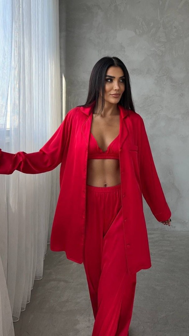Armani Kırmızı Saten Tunik & Pantolon & Sütyen Set