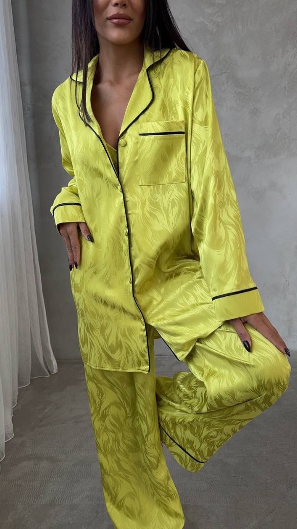 Armani Jakarlı Yağ Yeşili Saten Tunik & Pantolon & Sütyen Set