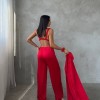 Armani Kırmızı Saten Tunik & Pantolon & Sütyen Set