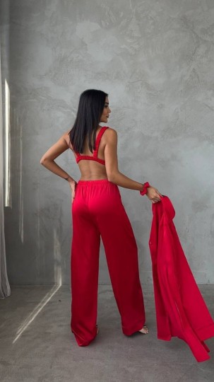 Armani Kırmızı Saten Tunik & Pantolon & Sütyen Set