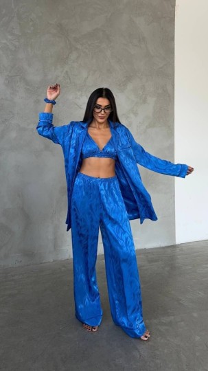Armani Jakarlı Mavi Saten Tunik & Pantolon & Sütyen Set