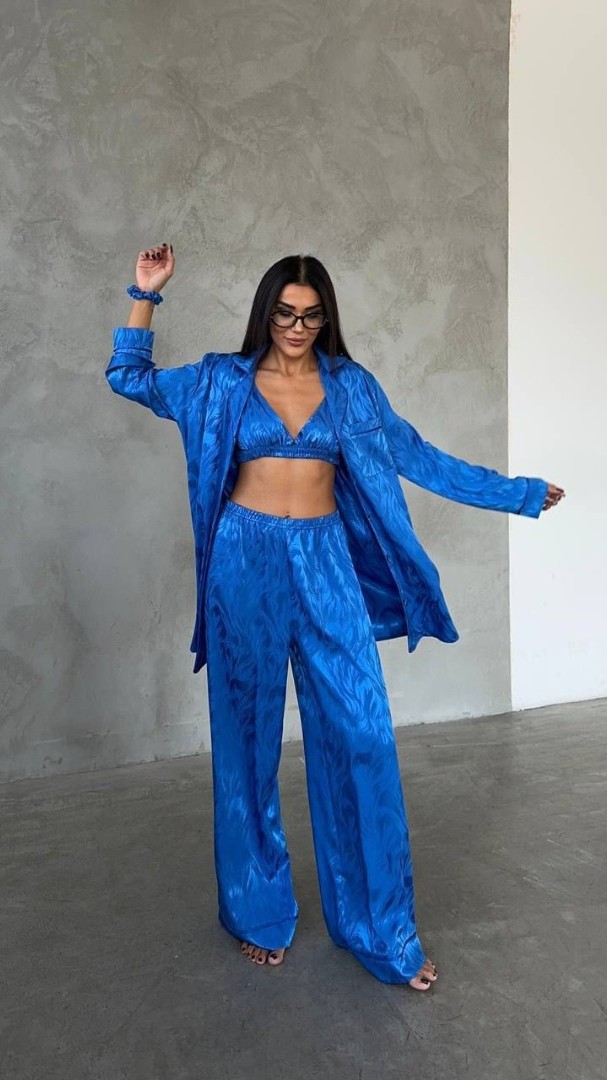 Armani Jakarlı Mavi Saten Tunik & Pantolon & Sütyen Set