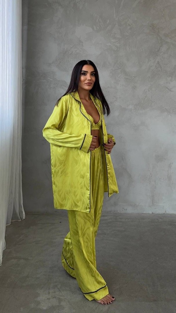 Armani Jakarlı Yağ Yeşili Saten Tunik & Pantolon & Sütyen Set