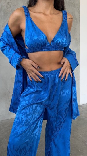 Armani Jakarlı Mavi Saten Tunik & Pantolon & Sütyen Set