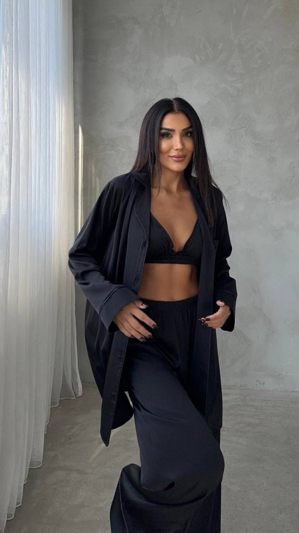Armani Siyah Saten Tunik & Pantolon & Sütyen Set