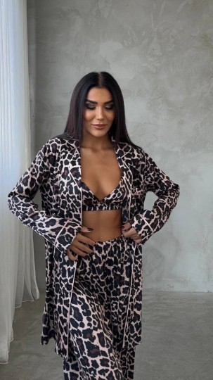 Armani Leopar Baskılı Saten Tunik & Pantolon & Sütyen Set