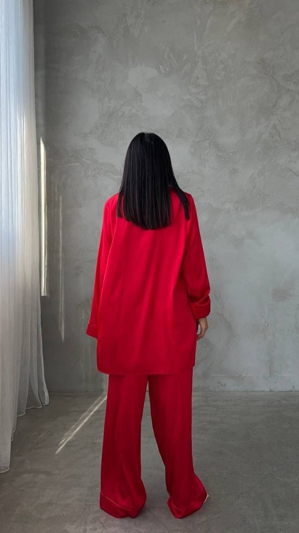 Armani Kırmızı Saten Tunik & Pantolon & Sütyen Set