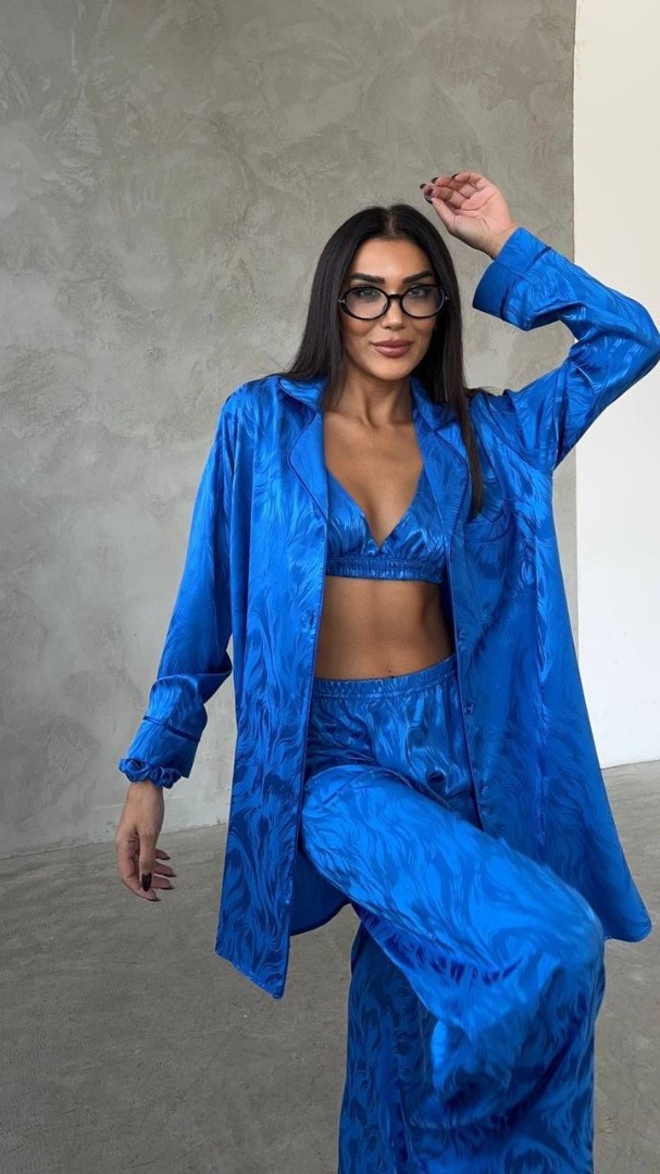 Armani Jakarlı Mavi Saten Tunik & Pantolon & Sütyen Set