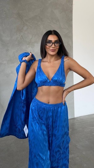 Armani Jakarlı Mavi Saten Tunik & Pantolon & Sütyen Set