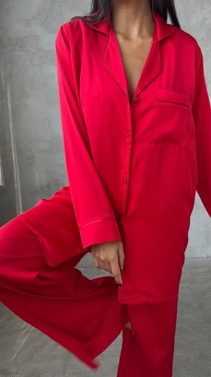 Armani Kırmızı Saten Tunik & Pantolon & Sütyen Set