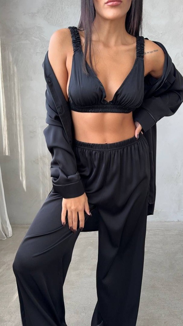 Armani Siyah Saten Tunik & Pantolon & Sütyen Set