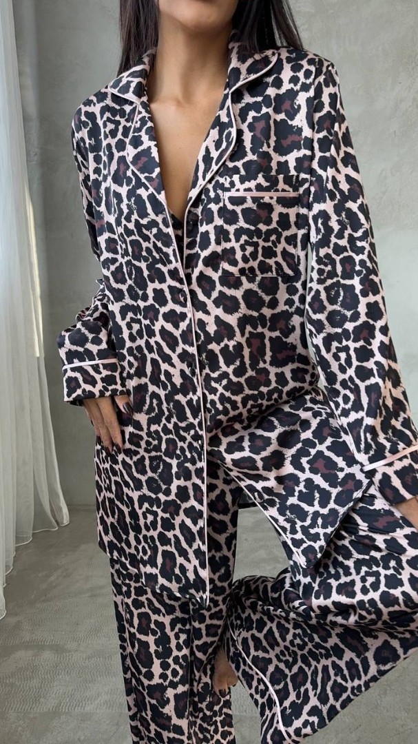 Armani Leopar Baskılı Saten Tunik & Pantolon & Sütyen Set
