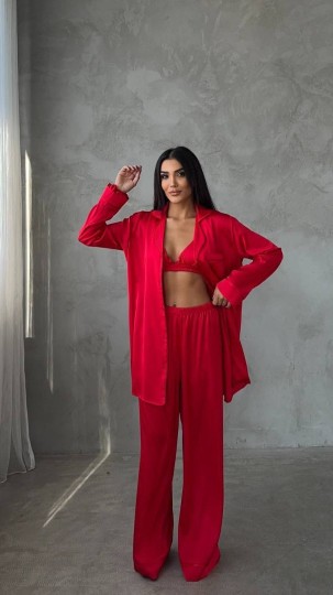 Armani Kırmızı Saten Tunik & Pantolon & Sütyen Set