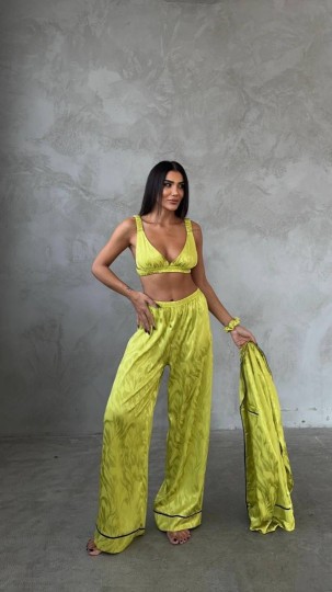 Armani Jakarlı Yağ Yeşili Saten Tunik & Pantolon & Sütyen Set