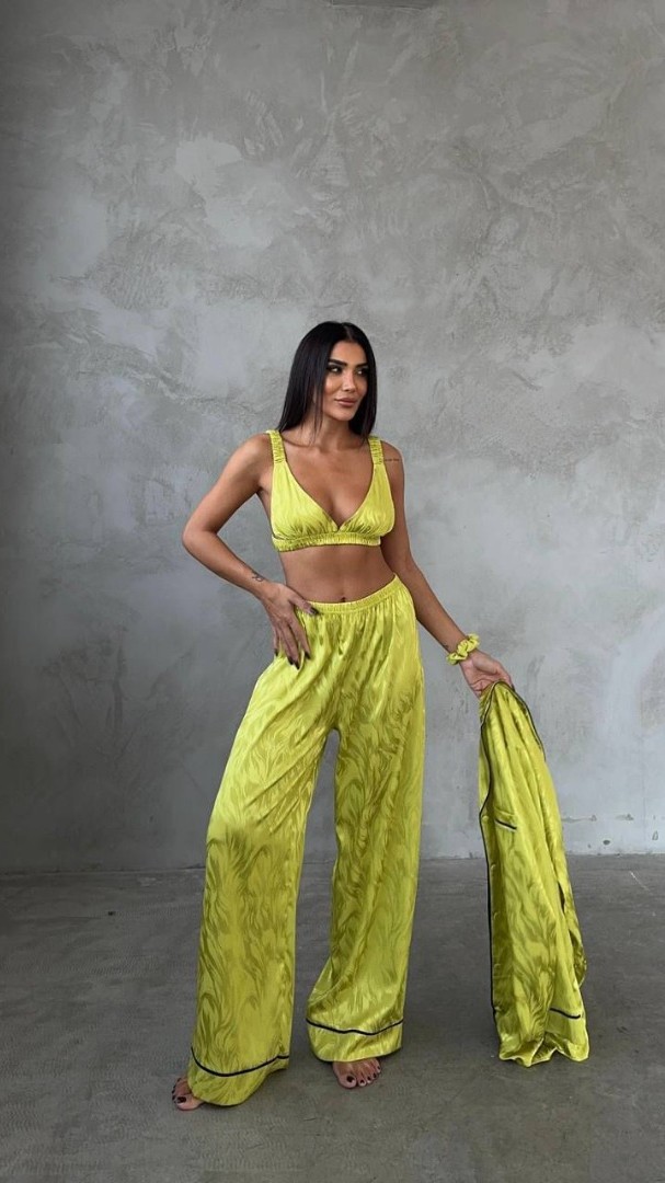 Armani Jakarlı Yağ Yeşili Saten Tunik & Pantolon & Sütyen Set