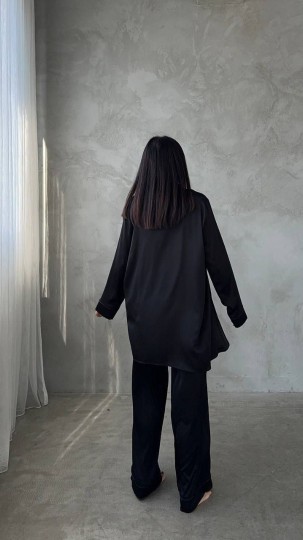Armani Siyah Saten Tunik & Pantolon & Sütyen Set