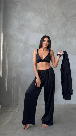 Armani Siyah Saten Tunik & Pantolon & Sütyen Set