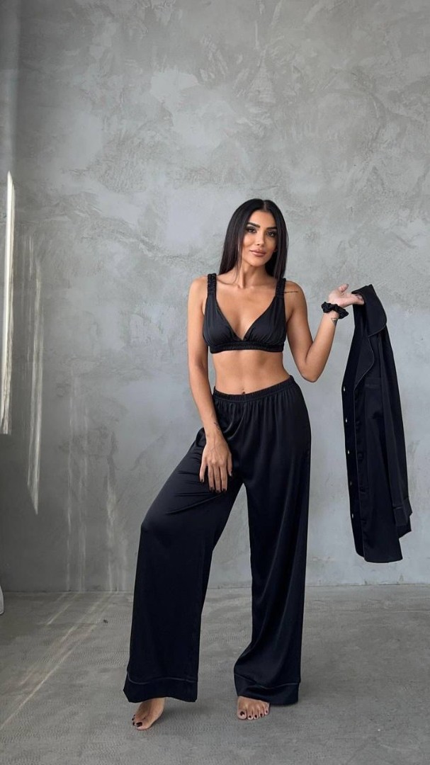 Armani Siyah Saten Tunik & Pantolon & Sütyen Set