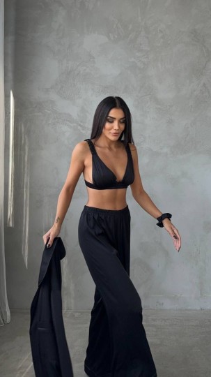 Armani Siyah Saten Tunik & Pantolon & Sütyen Set