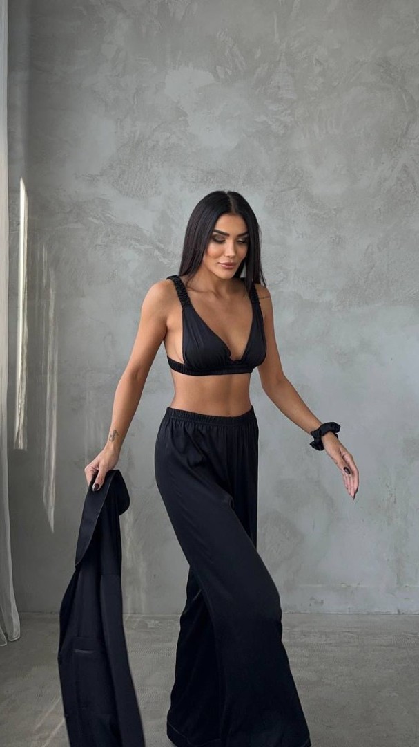 Armani Siyah Saten Tunik & Pantolon & Sütyen Set