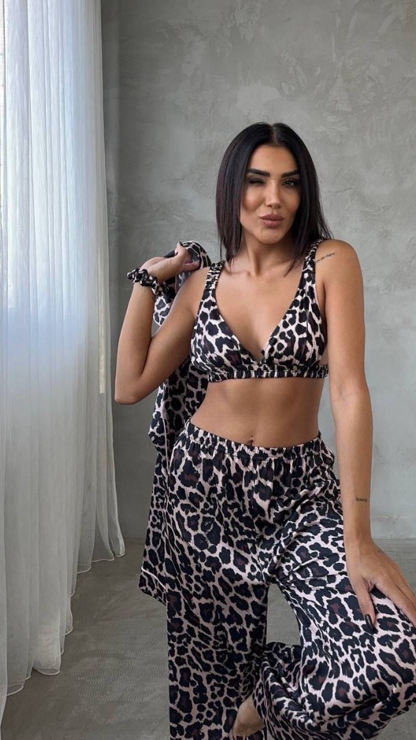Armani Leopar Baskılı Saten Tunik & Pantolon & Sütyen Set