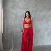 Armani Kırmızı Saten Tunik & Pantolon & Sütyen Set