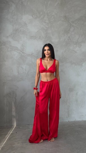 Armani Kırmızı Saten Tunik & Pantolon & Sütyen Set