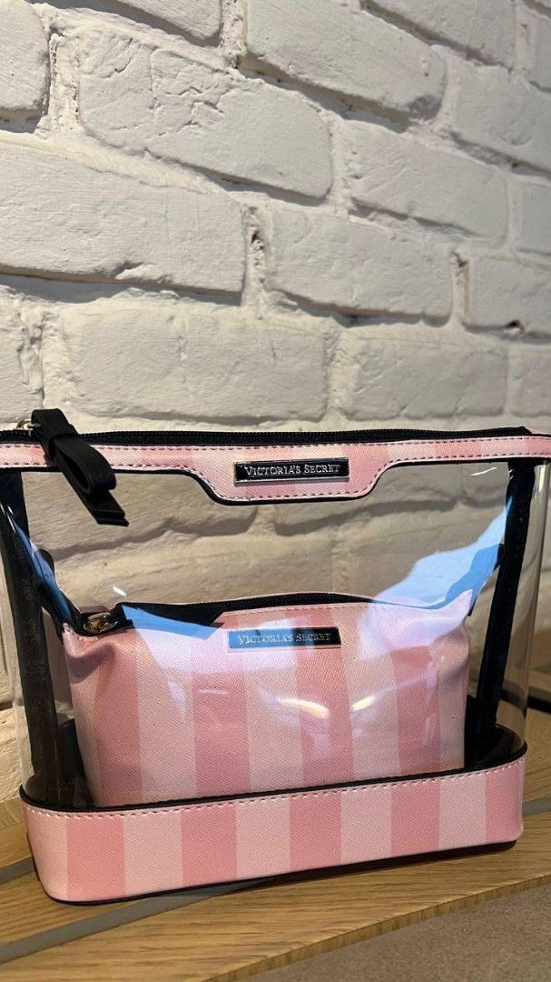 Pembe Çizgili Şeffaf 2’li Makyaj Çantası Seti