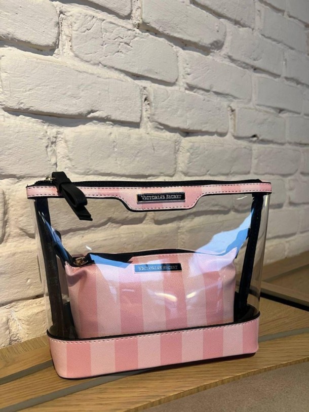 Pembe Çizgili Şeffaf 2’li Makyaj Çantası Seti
