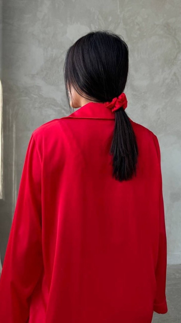 Armani Kırmızı Saten Tunik & Pantolon & Sütyen Set