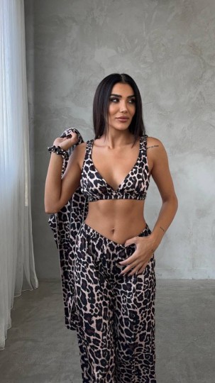 Armani Leopar Baskılı Saten Tunik & Pantolon & Sütyen Set