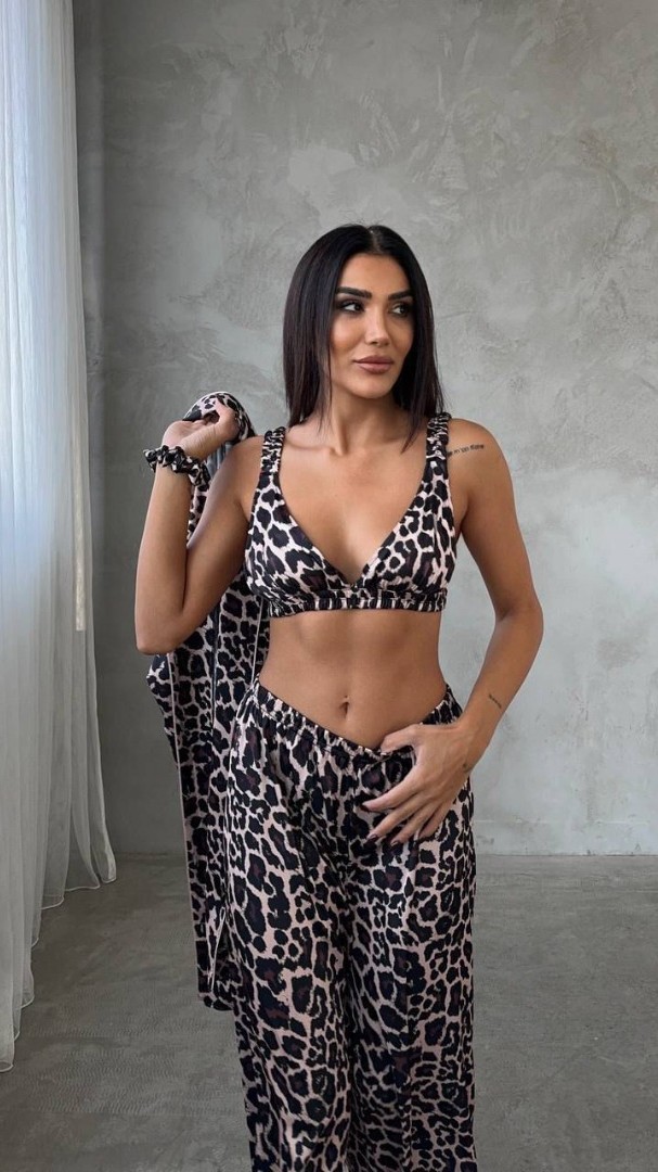 Armani Leopar Baskılı Saten Tunik & Pantolon & Sütyen Set