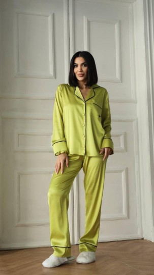 Yağ Yeşili Armani İpek Saten Pijama Takımı