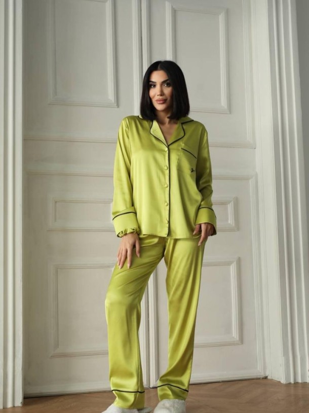 Yağ Yeşili Armani İpek Saten Pijama Takımı