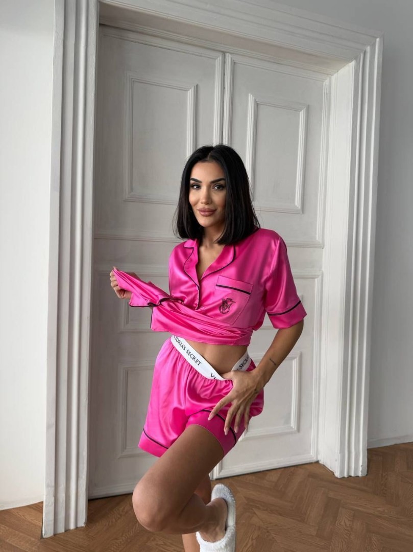 İpek Saten Bel Lastik Taş Nakış Pembe Şort Takım