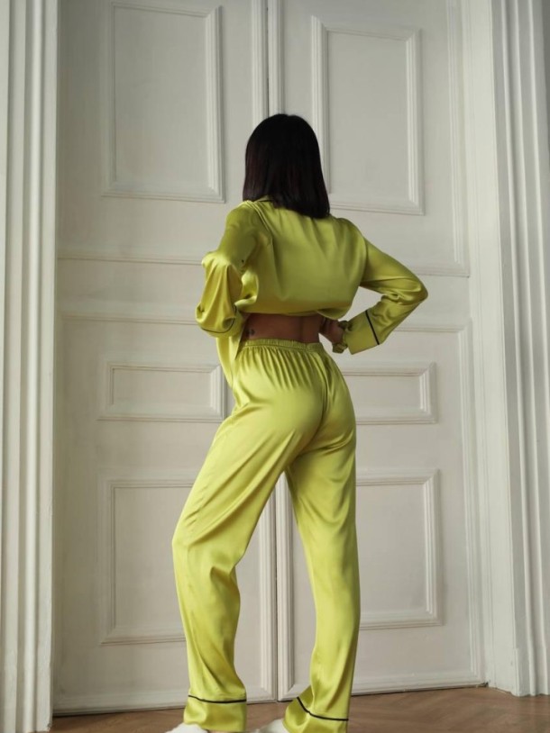 Yağ Yeşili Armani İpek Saten Pijama Takımı