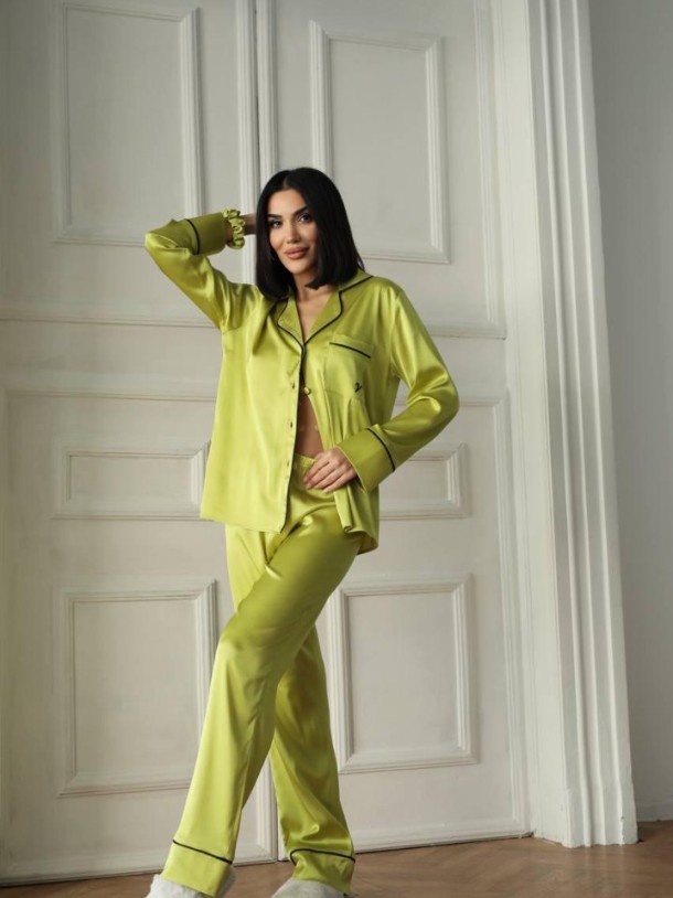 Yağ Yeşili Armani İpek Saten Pijama Takımı