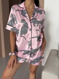 Pembe Kaplan Bel Latik İpek Saten Şort Takım