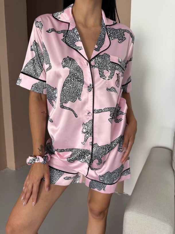 Pembe Kaplan Bel Latik İpek Saten Şort Takım