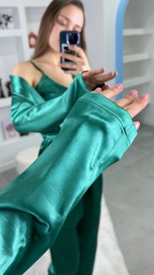 3'Lü Yeşil İpek Saten Set 