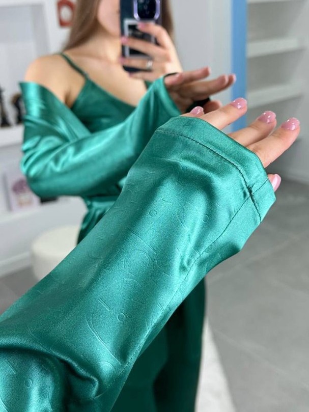 3'Lü Yeşil İpek Saten Set